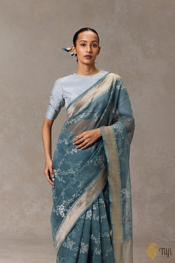 Pre-order: 'mori' Blue-grey Pure Cotton Jamdani Real Zari Banarasi Han 