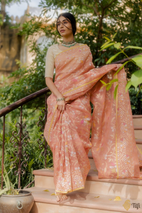 Pre-Order: 'Mandakini' Old Rose Pink Pure Cotton Jamdani Real Zari Banarasi  Handloom Saree