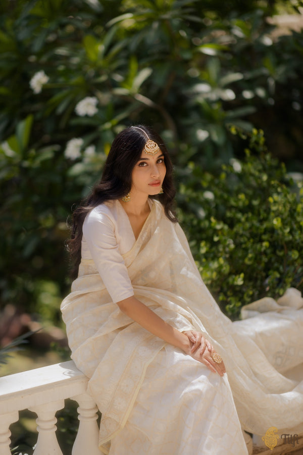 Nosheen' White Pure Cotton Jamdani Real Zari Banarasi Handloom Saree - Tilfi