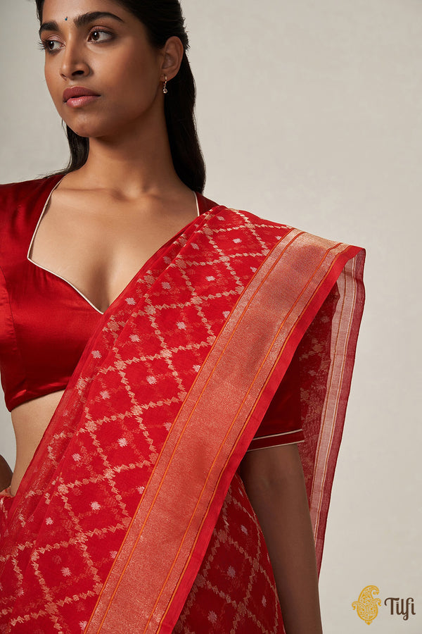 Ganga' Red Pure Cotton Banarasi Jamdani Real Zari Handloom Saree - Tilfi