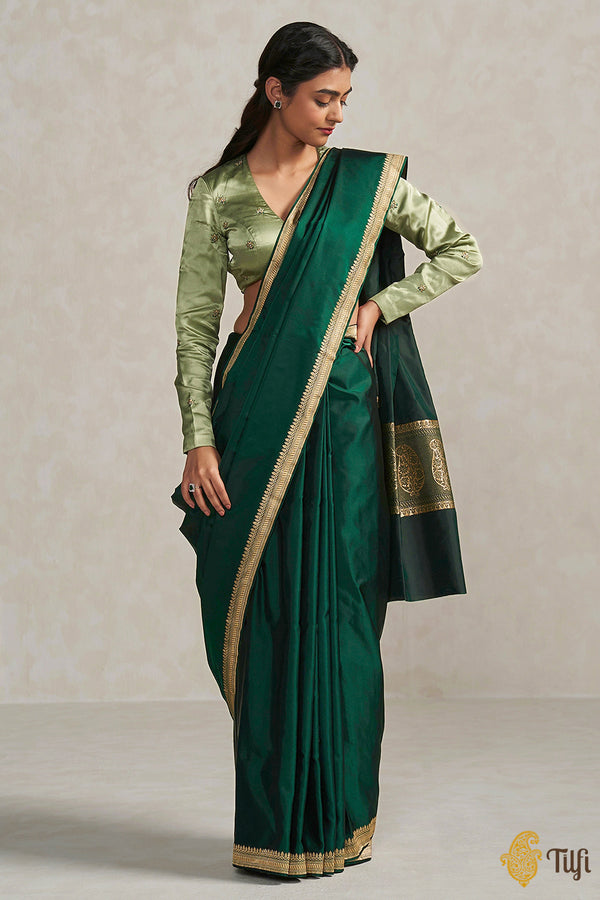 Pre-Order: 'Preshti' Deep Green Pure Soft Satin Silk Banarasi Handloom -  Tilfi