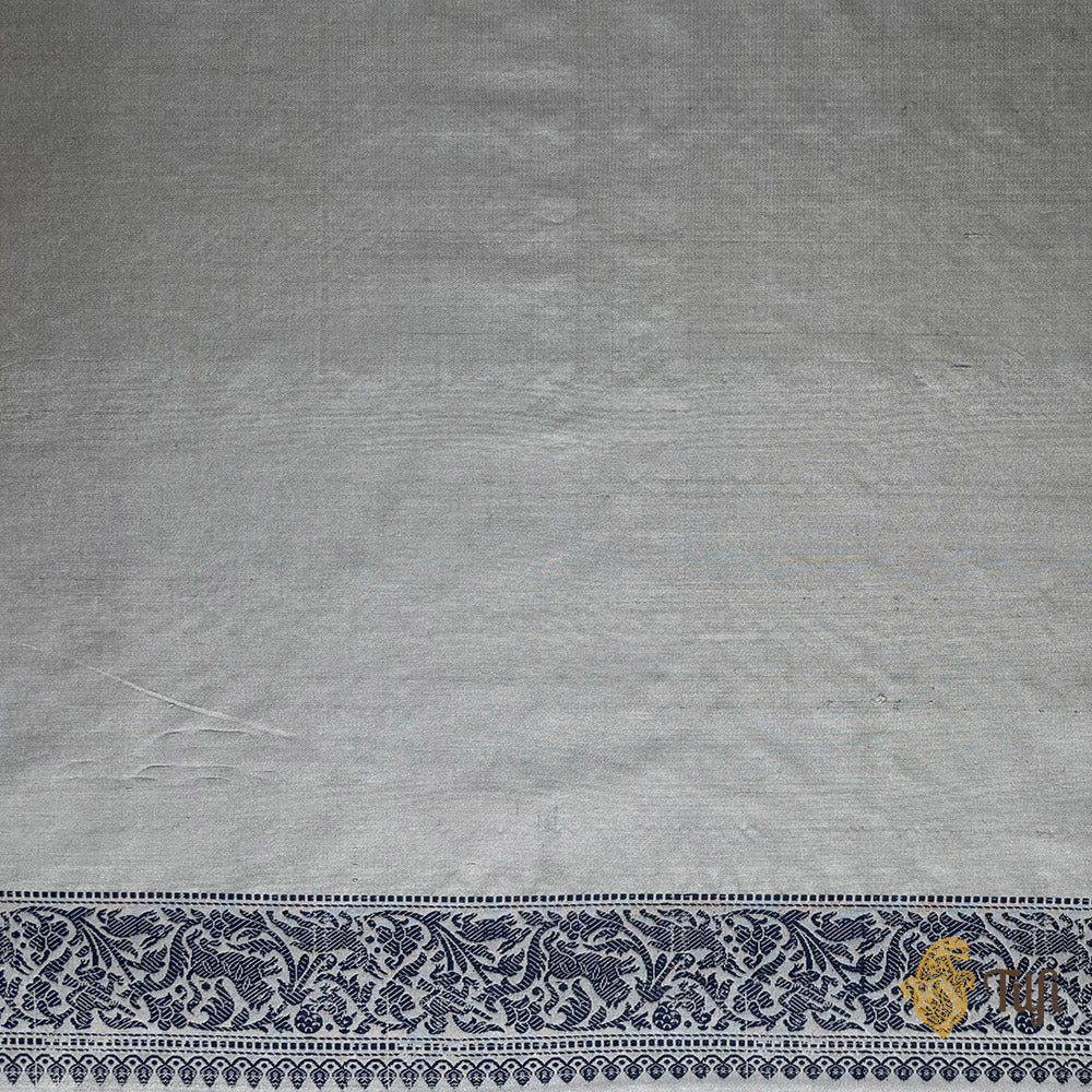 Grey Blue Pure Katan Silk Banarasi Shikargah Handloom Saree