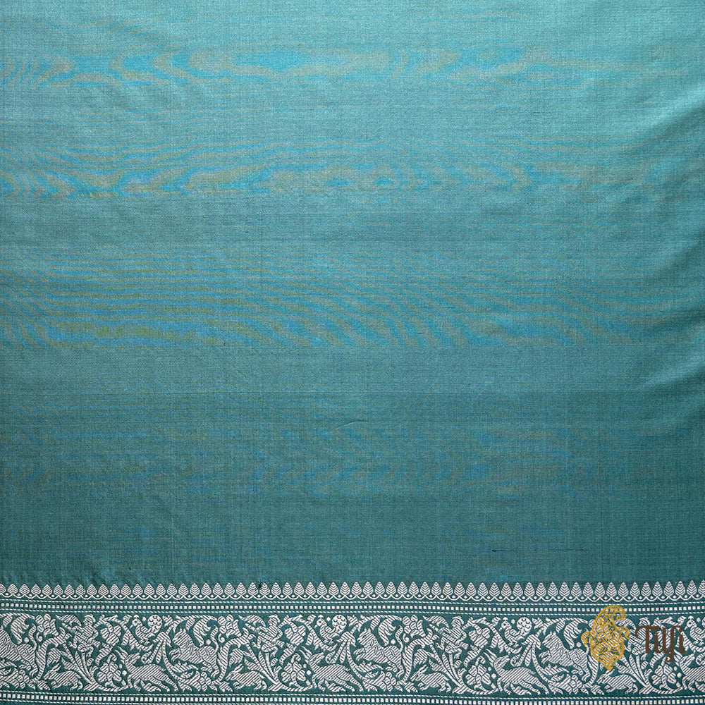 Teal Blue Grey Pure Katan Silk Banarasi Shikargah Handloom Saree