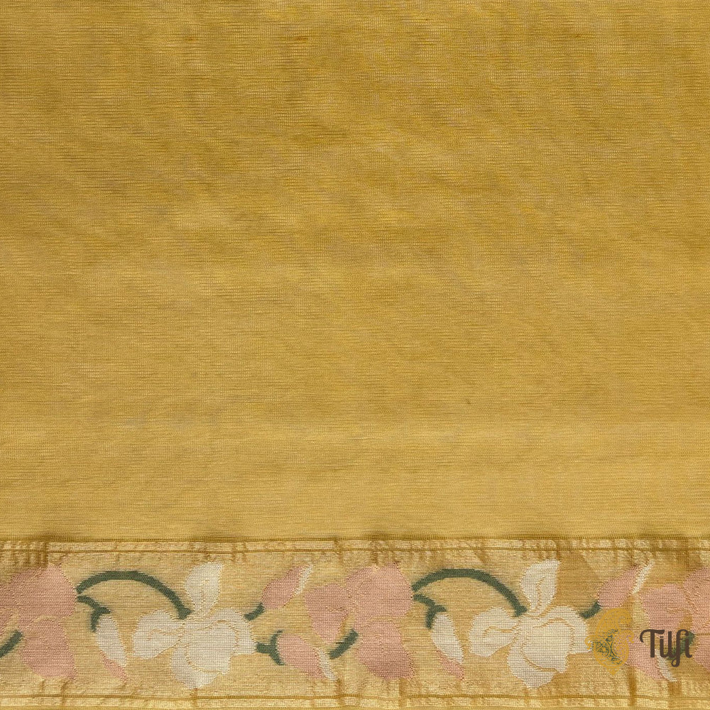 Pre-Order: &#39;A Sweep of Irises&#39; Yellow Pure Kora Silk Net Banarasi Handloom Saree