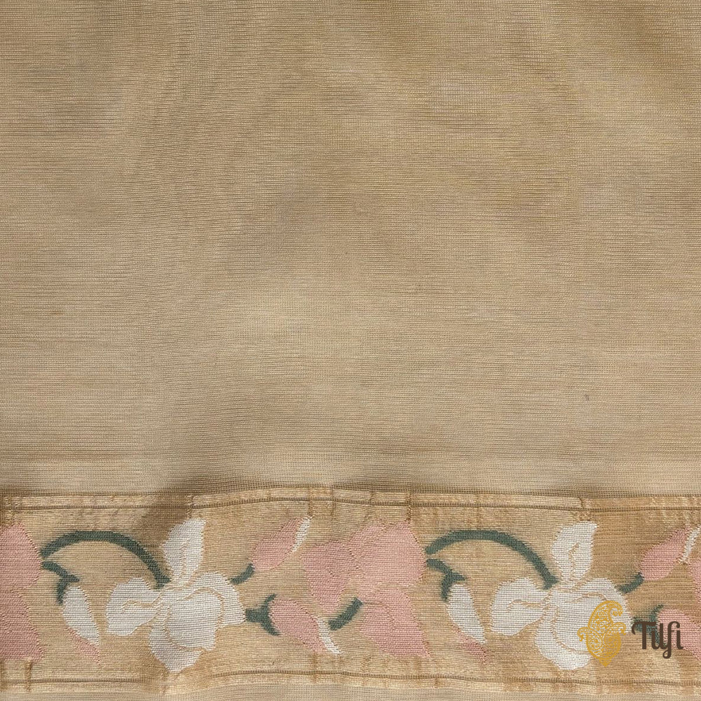 Pre-Order: &#39;A Sweep of Irises&#39; Beige Pure Kora Silk Net Banarasi Handloom Saree