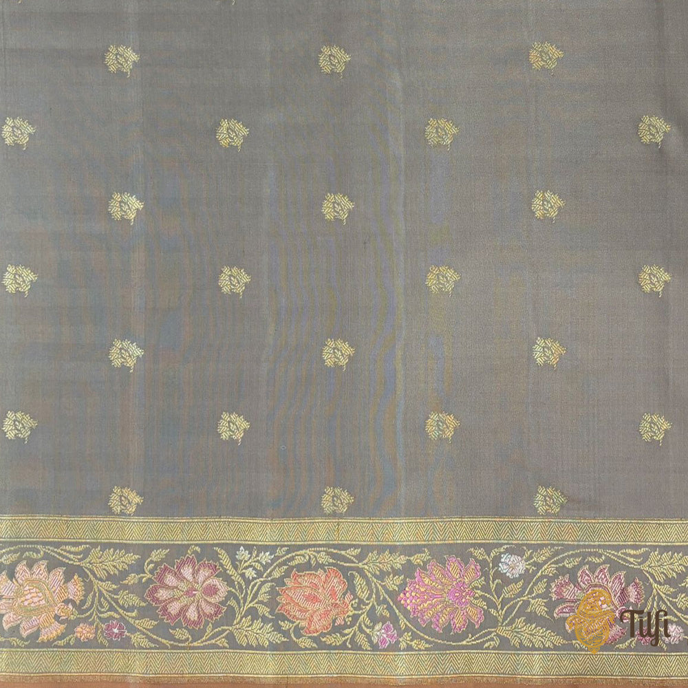 &#39;Veena&#39; Taupe Pure Katan Silk Real Zari Banarasi Handloom Saree