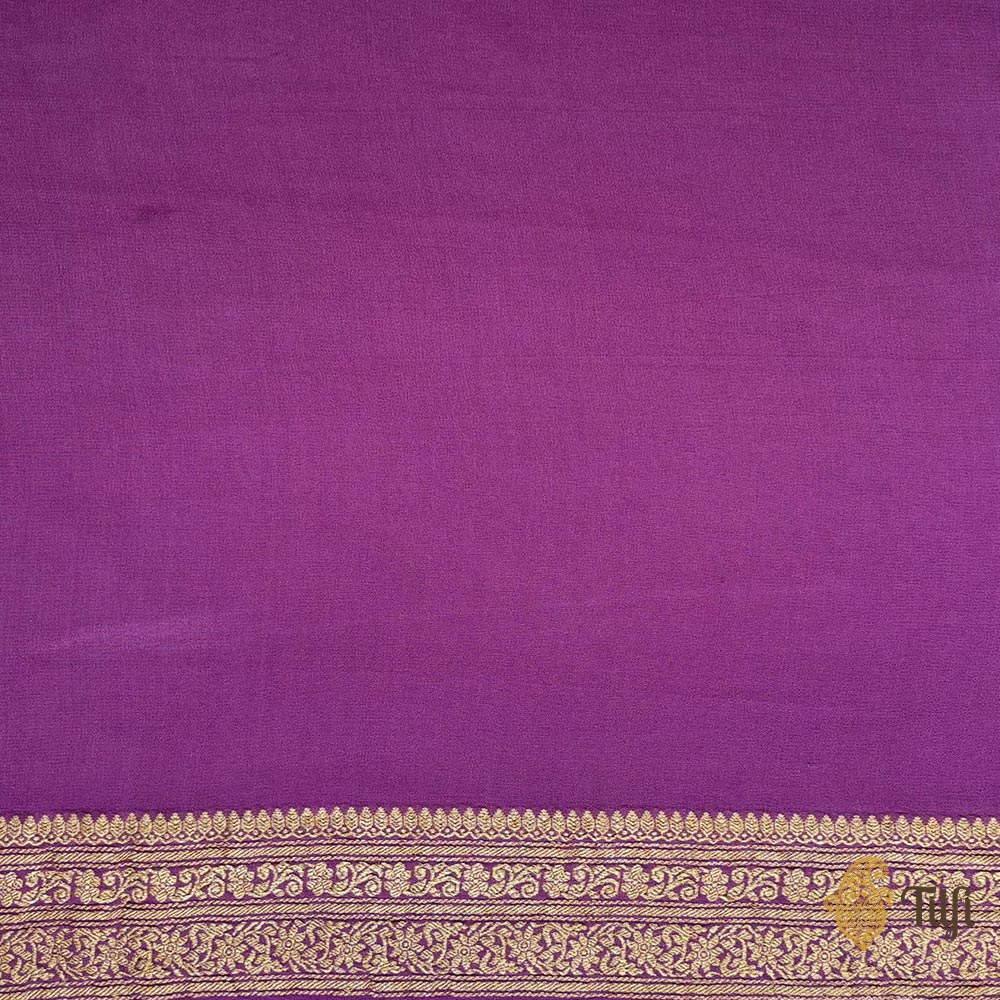 &#39;Periwinkle&#39; Purple-Peach Pure Georgette Banarasi Bandhani Handloom Saree