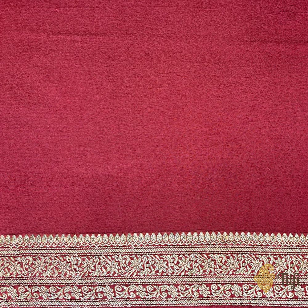 &#39;Hibiscus&#39; Beige-Maroon Pure Georgette Banarasi Bandhani Handloom Saree