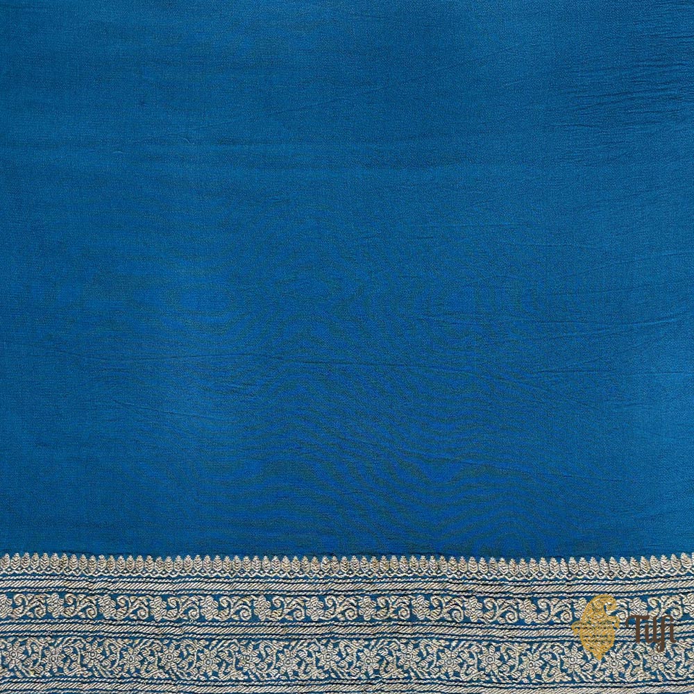 &#39;Plumeria&#39; Teal Green-Blue Pure Georgette Banarasi Bandhani Handloom Saree