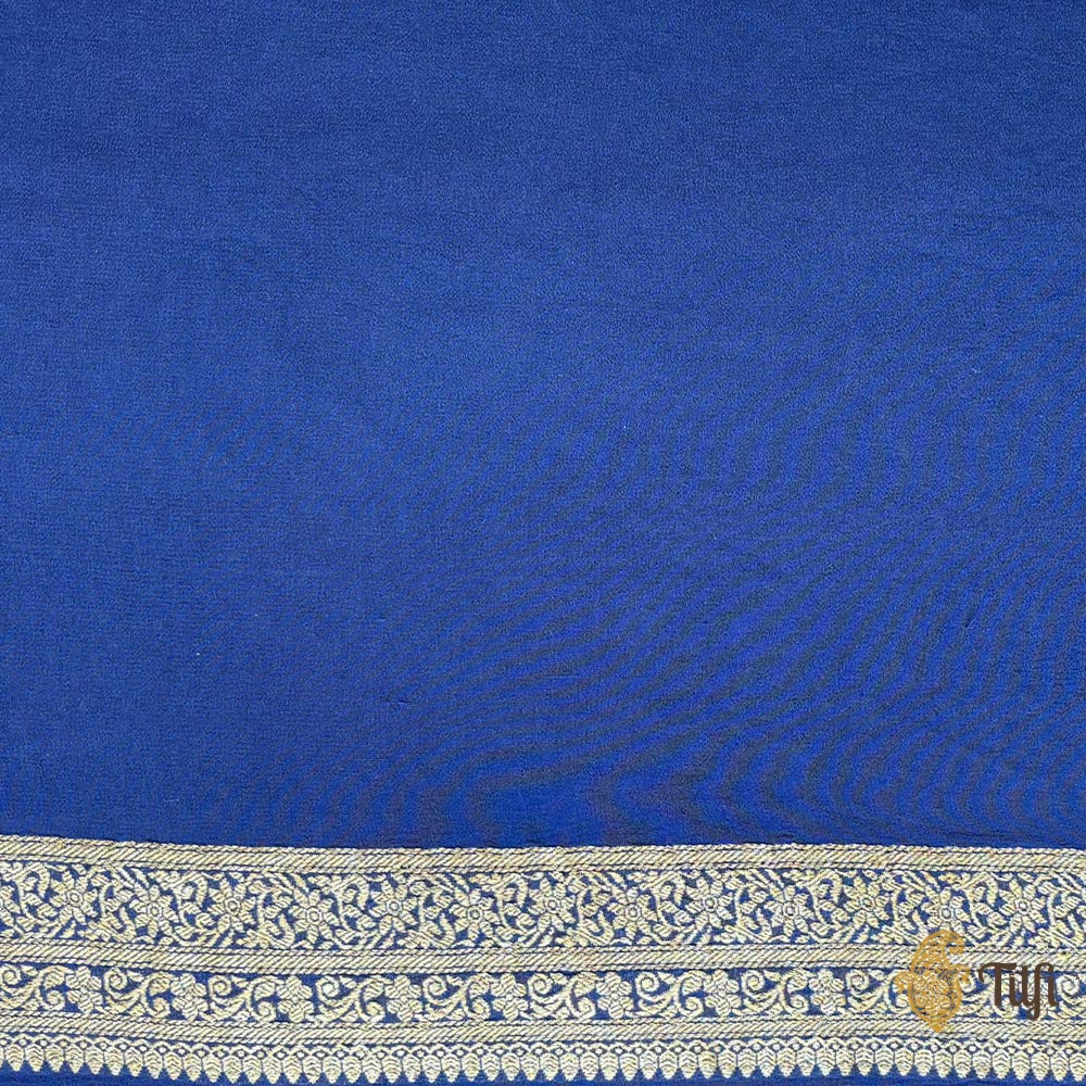 &#39;Plumeria&#39; Blue Ombre Pure Georgette Banarasi Bandhani Handloom Saree