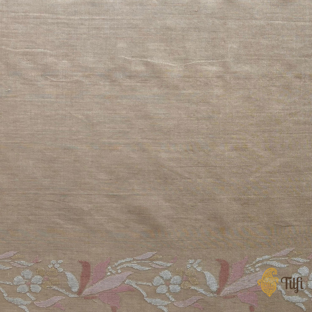 &#39;Fuyu&#39; Beige Pure Cotton Jamdani Real Zari Banarasi Handloom Saree