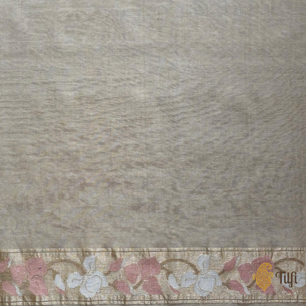 &#39;A Sweep of Irises&#39; Beige Pure Kora Silk Net Banarasi Handloom Saree