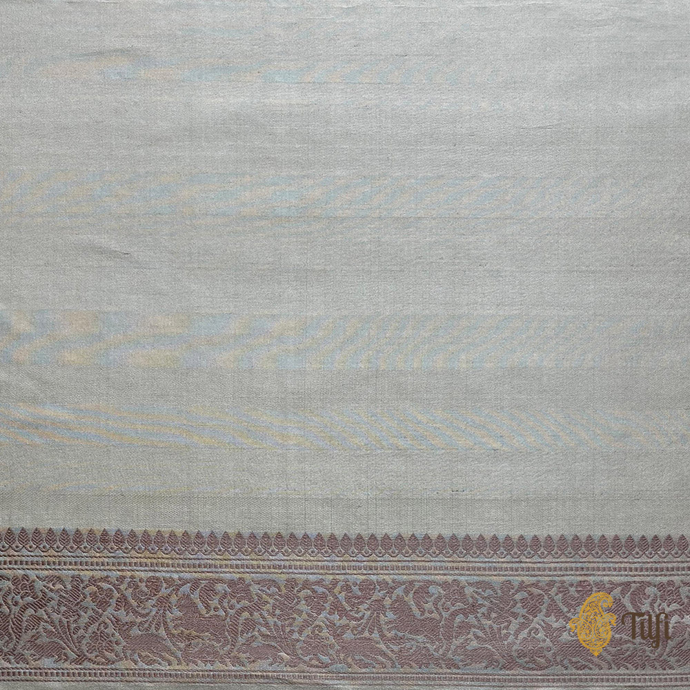 Off-White Beige Pure Katan Silk Banarasi Shikargah Handloom Saree