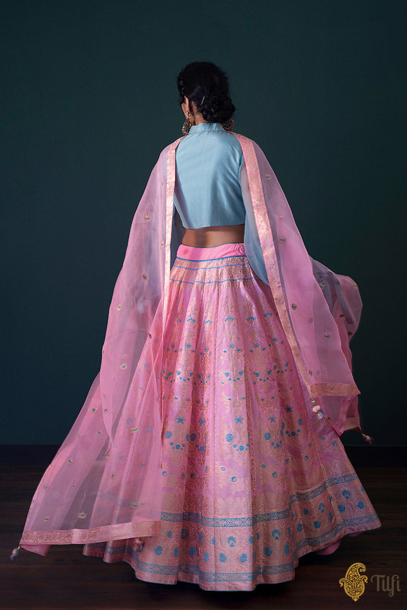 Neon Pink Pure Katan Silk Banarasi Handloom Lehenga Set