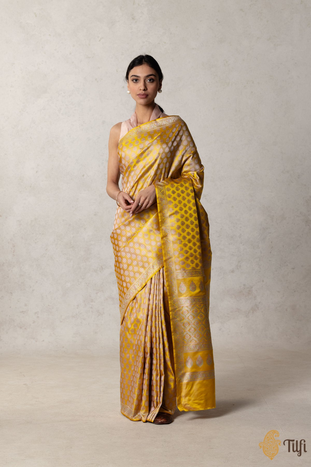 Yellow Pure Satin Silk Banarasi Tanchoi Handloom Saree