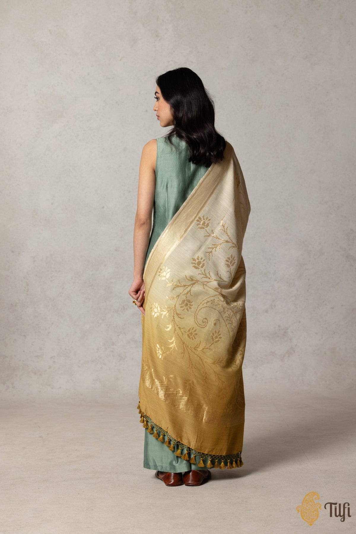 Off-White-Ochre Pure Monga Silk Banarasi Handloom Dupatta