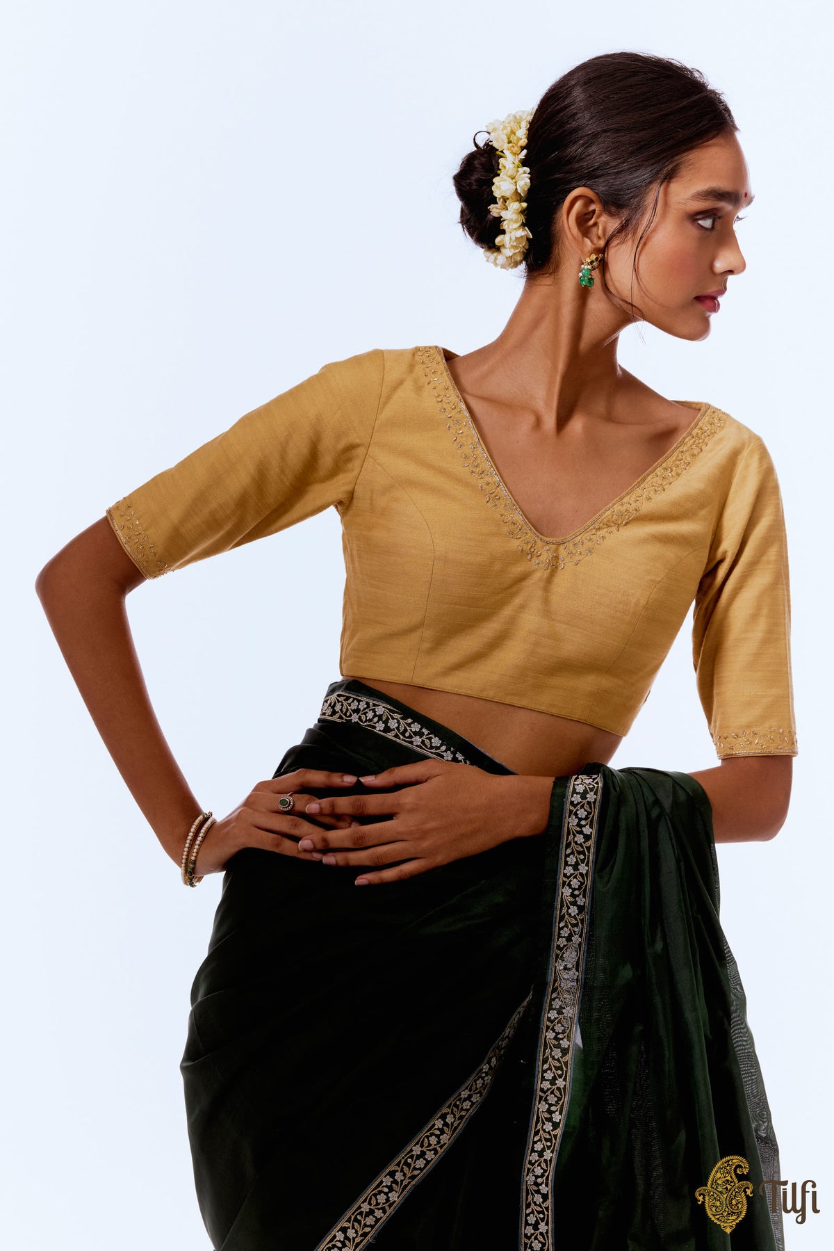 Yellow Gold Hand-embroidered Pure Silk Blouse