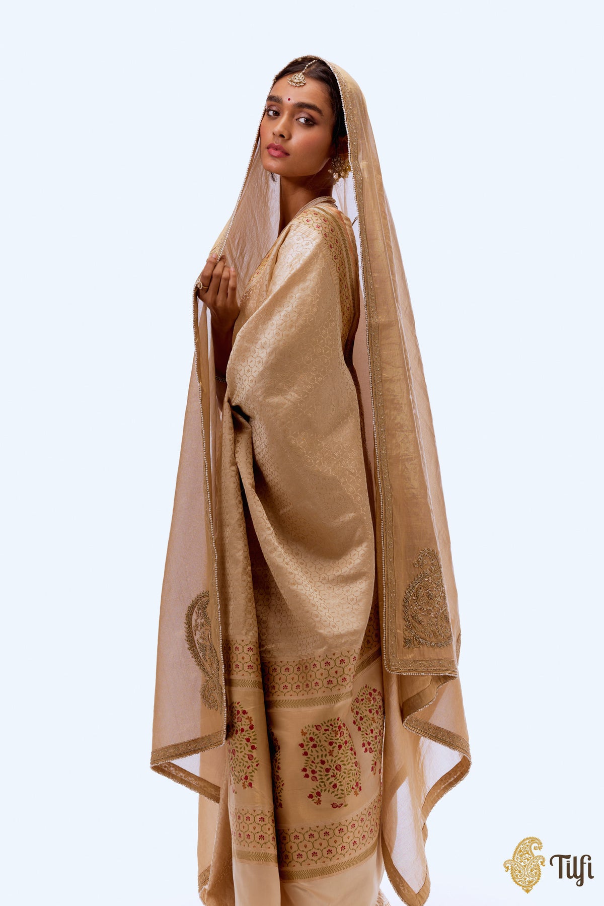 Gold Hand-Embroidered Pure Handwoven Tissue Silk Odhani