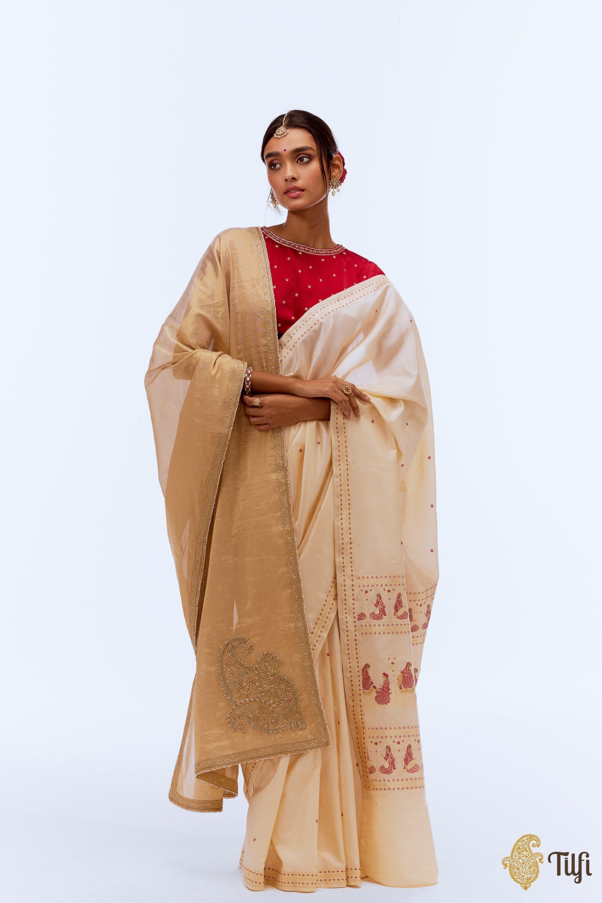 Gold Hand-Embroidered Pure Handwoven Tissue Silk Odhani