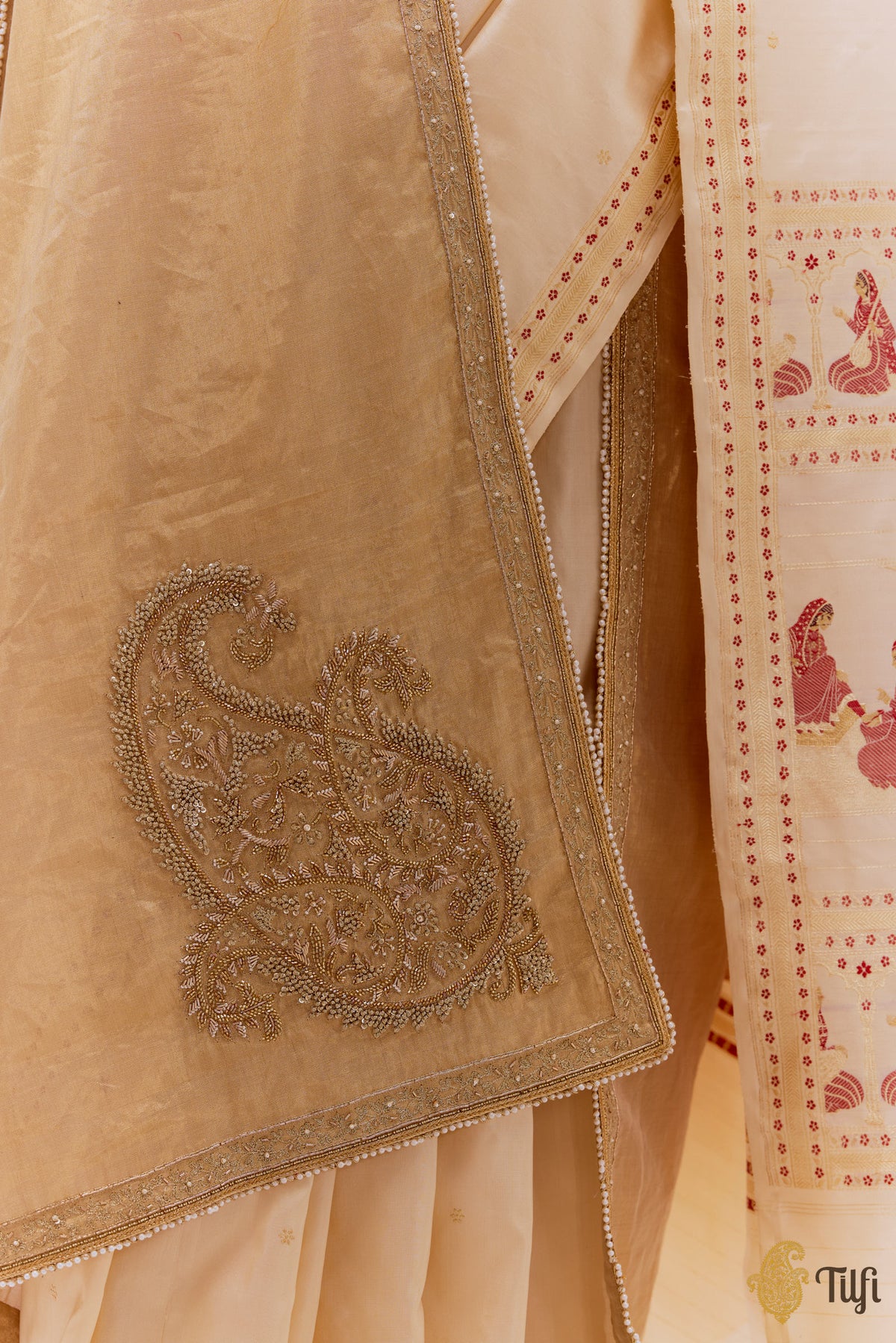 Gold Hand-Embroidered Pure Handwoven Tissue Silk Odhani