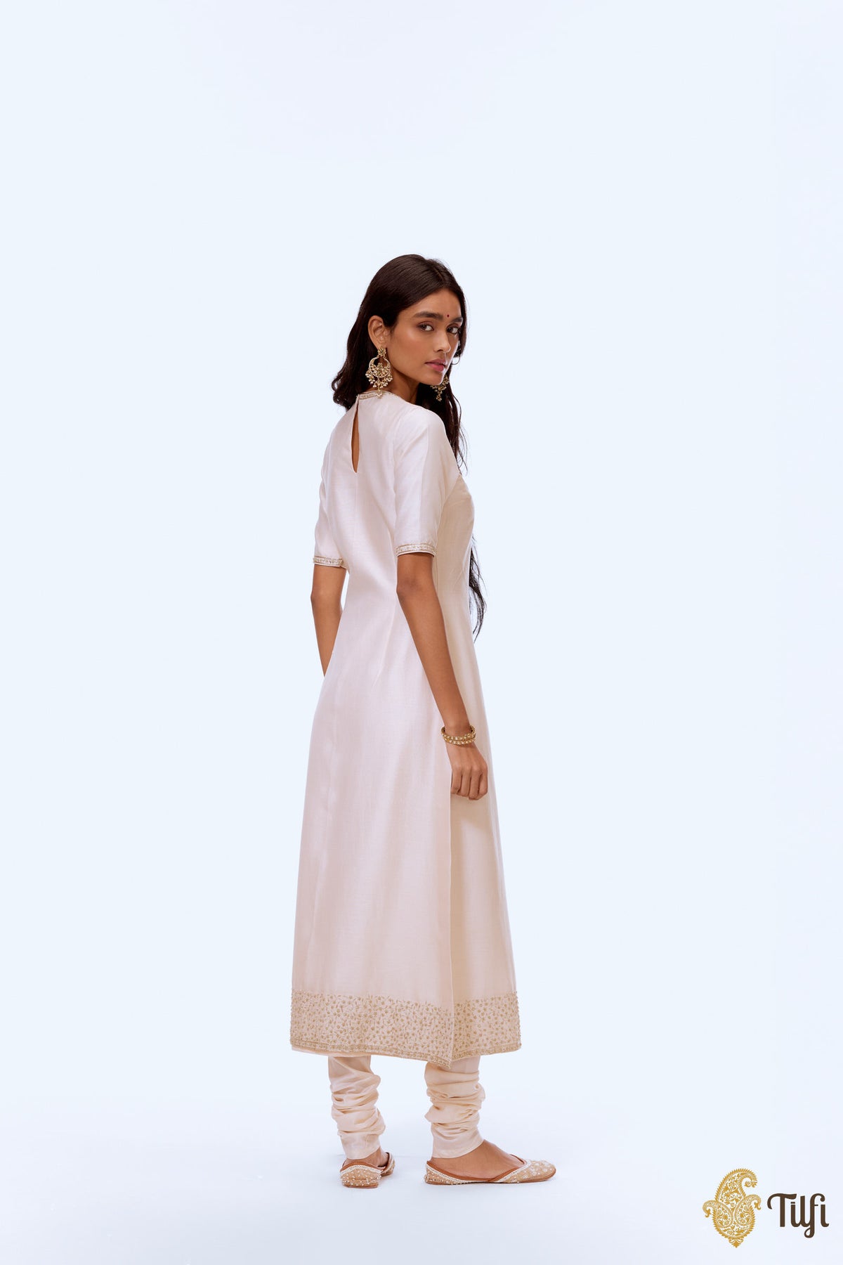 Off-White Pure Silk by Cotton Hand-Embroidered Kurta Churidar Suit Set