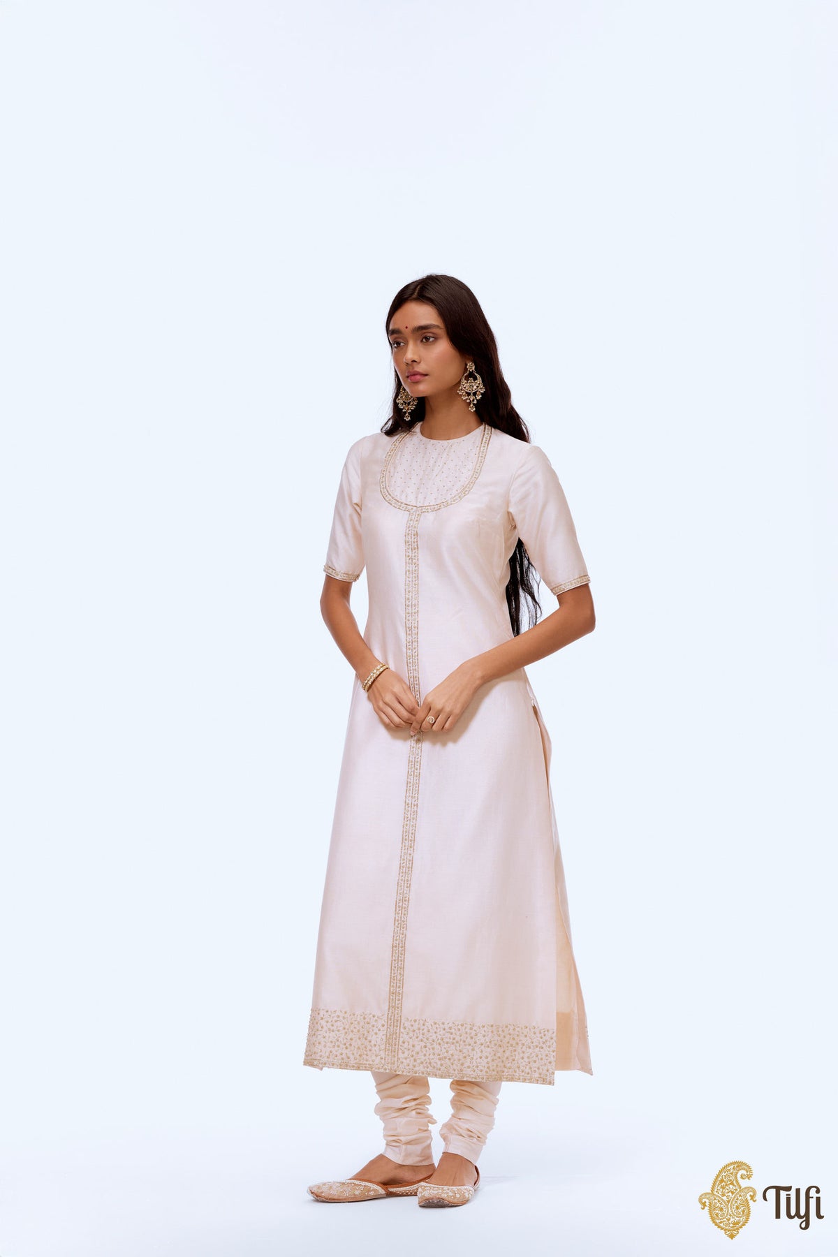 Off-White Pure Silk by Cotton Hand-Embroidered Kurta Churidar Suit Set