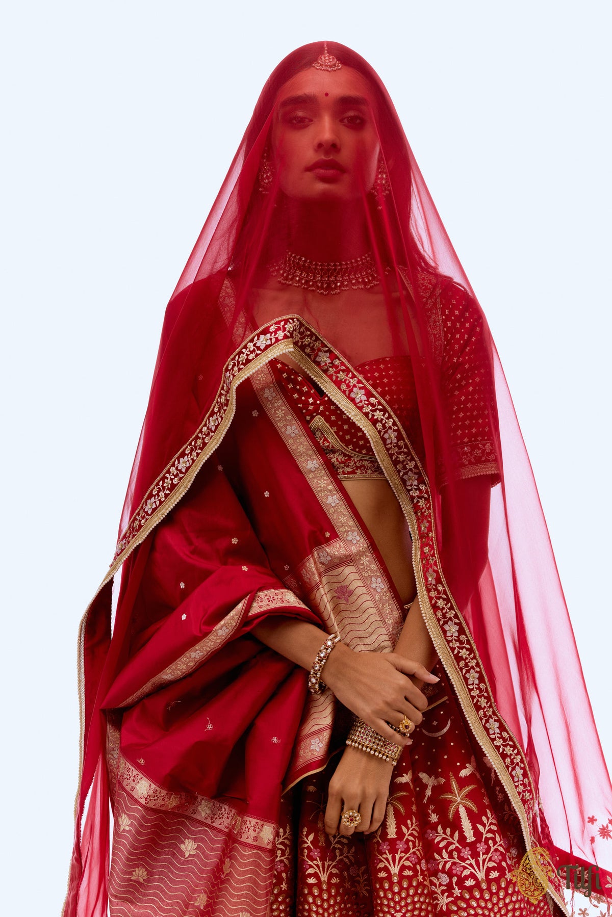 'Anandvan' Red Pure Satin Silk Banarasi Handloom Lehenga Set