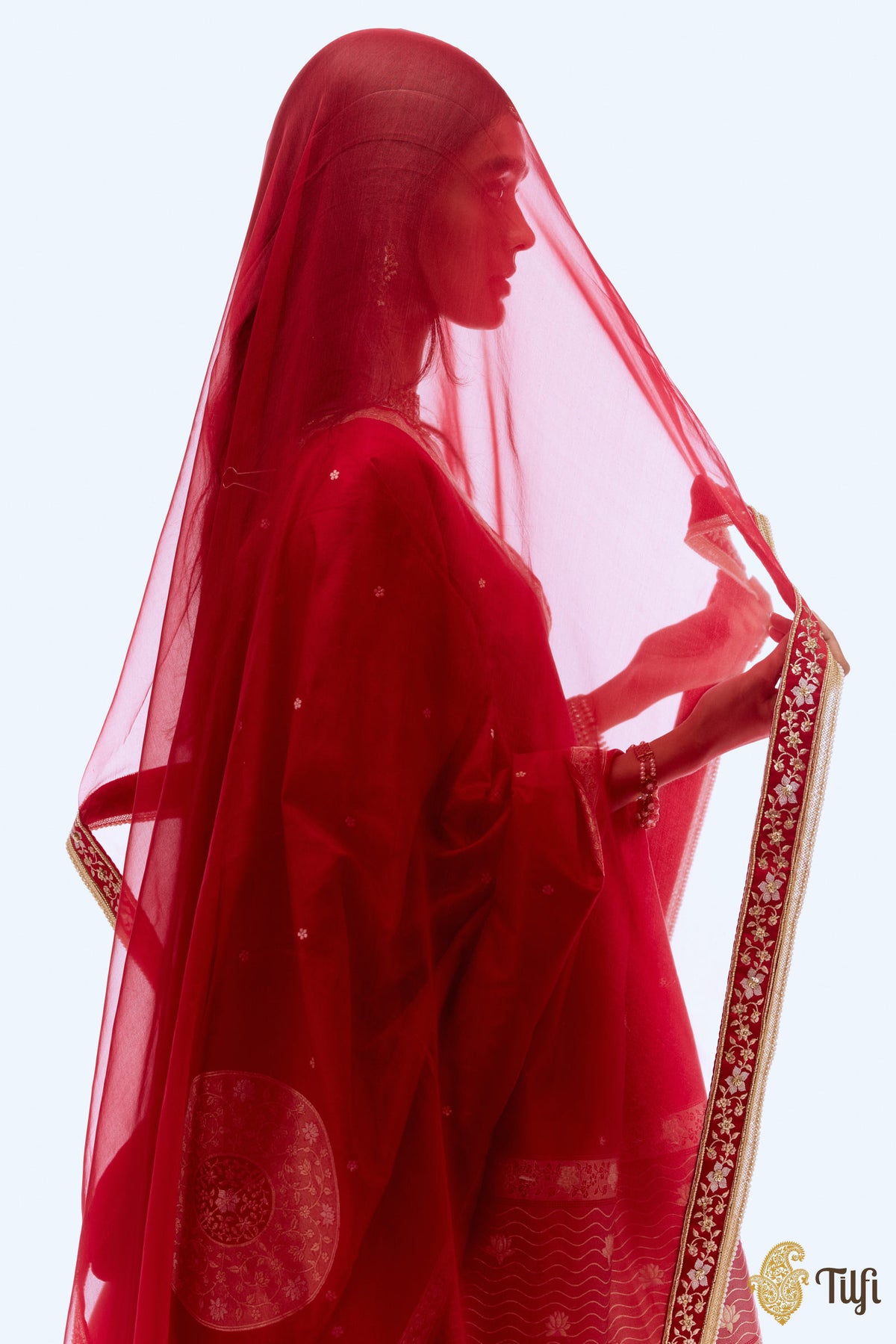 Red Pure Organza Silk Hand-Embroidered Odhani