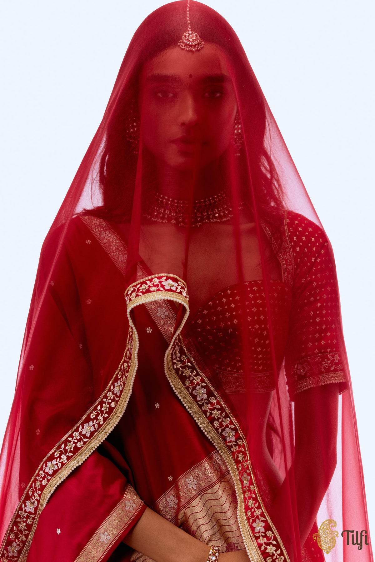 Red Pure Organza Silk Hand-Embroidered Odhani