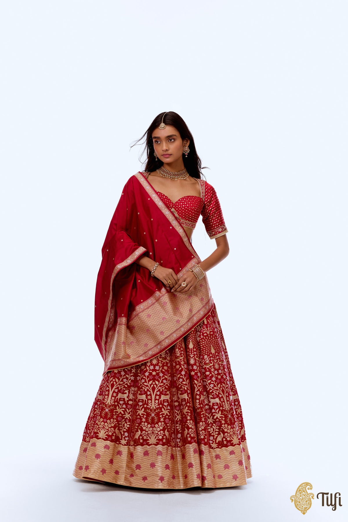 &#39;Anandvan&#39; Red Pure Satin Silk Banarasi Handloom Lehenga Set