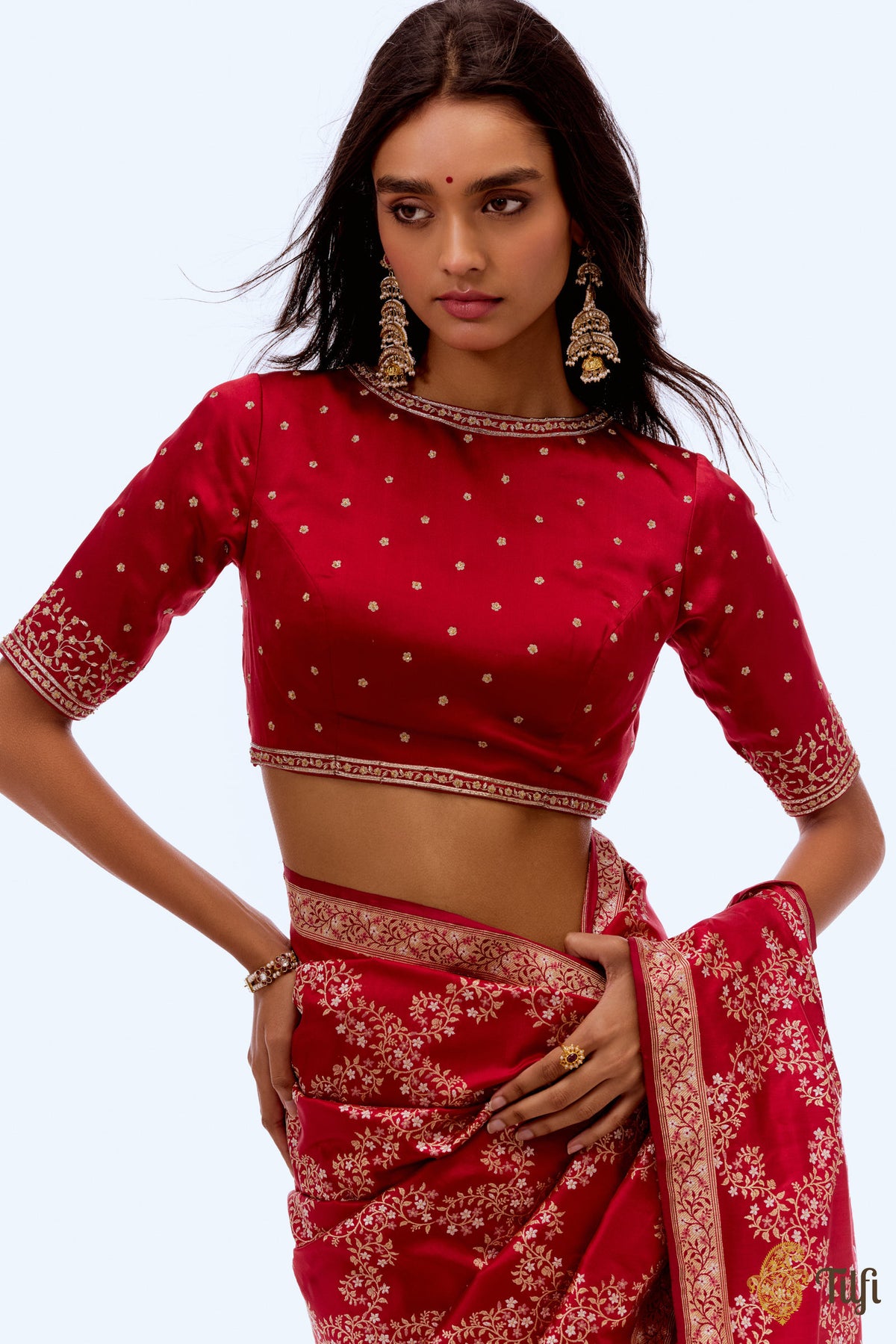 Red Hand-embroidered Pure Satin Silk Blouse