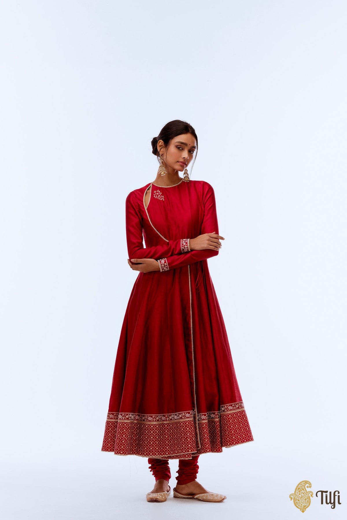 Red Hand-Embroidered Pure Silk Anarkali Churidar Suit Set