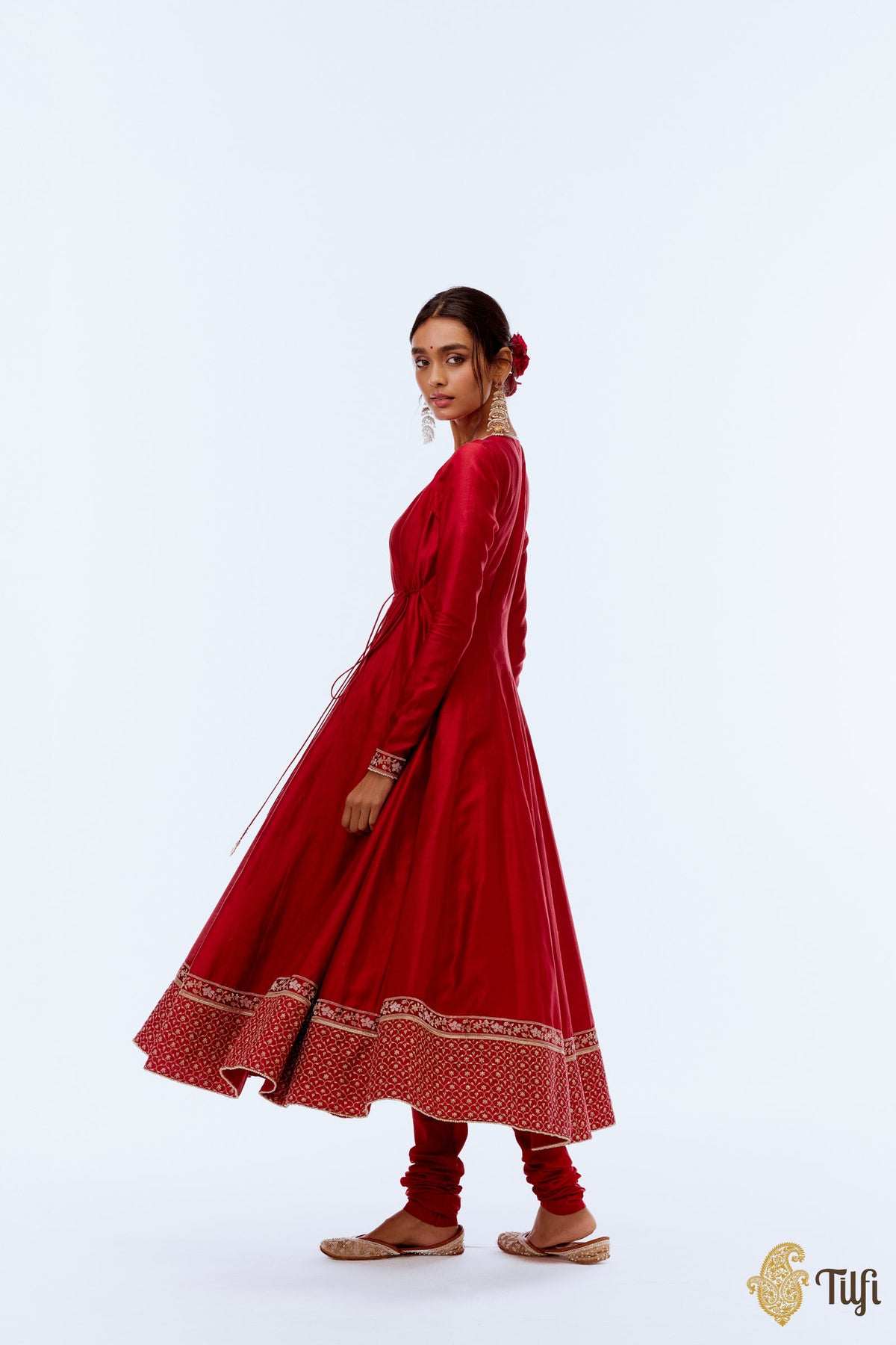 Red Hand-Embroidered Pure Silk Anarkali Churidar Suit Set