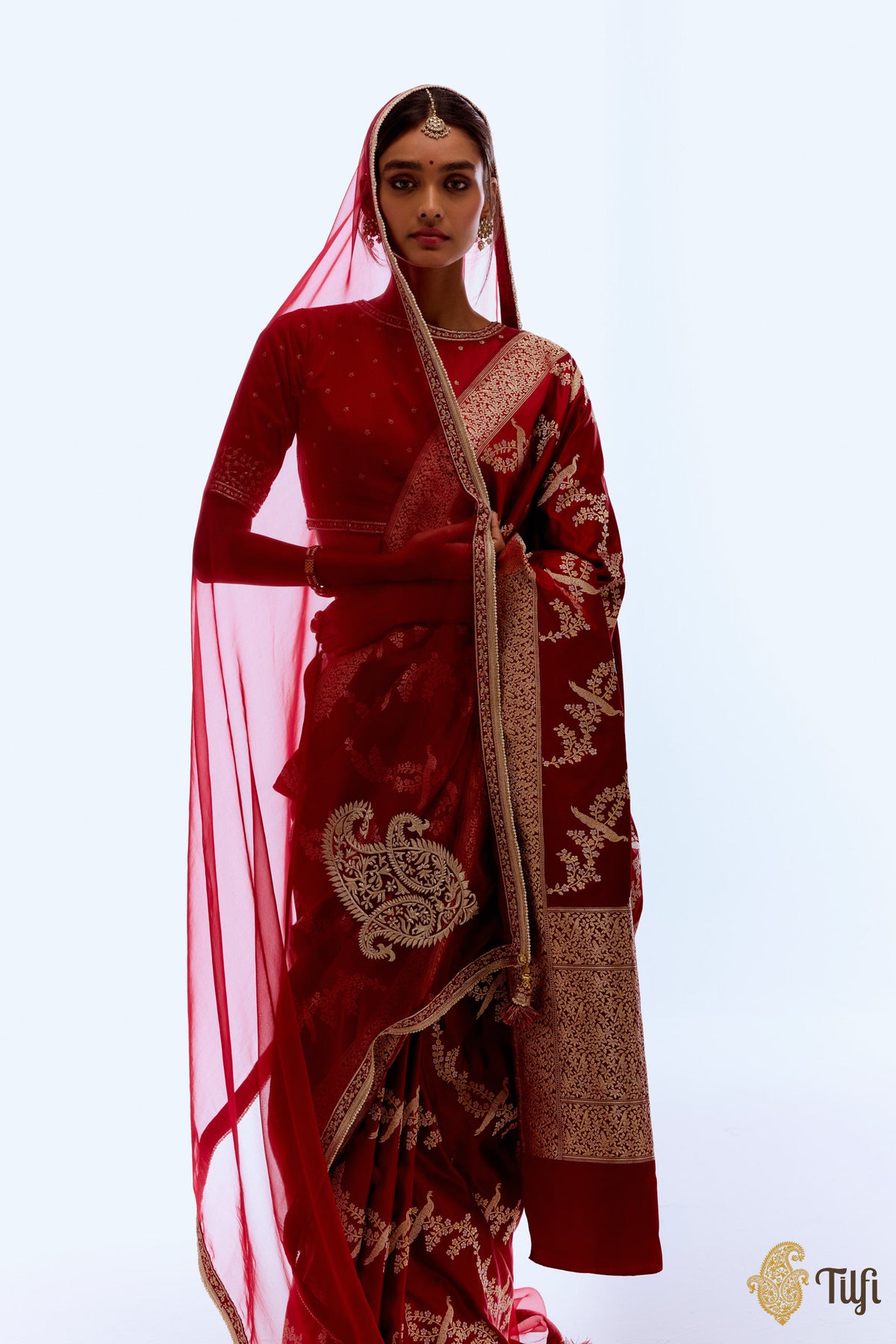 Red Hand-Embroidered Pure Silk Organza Odhani