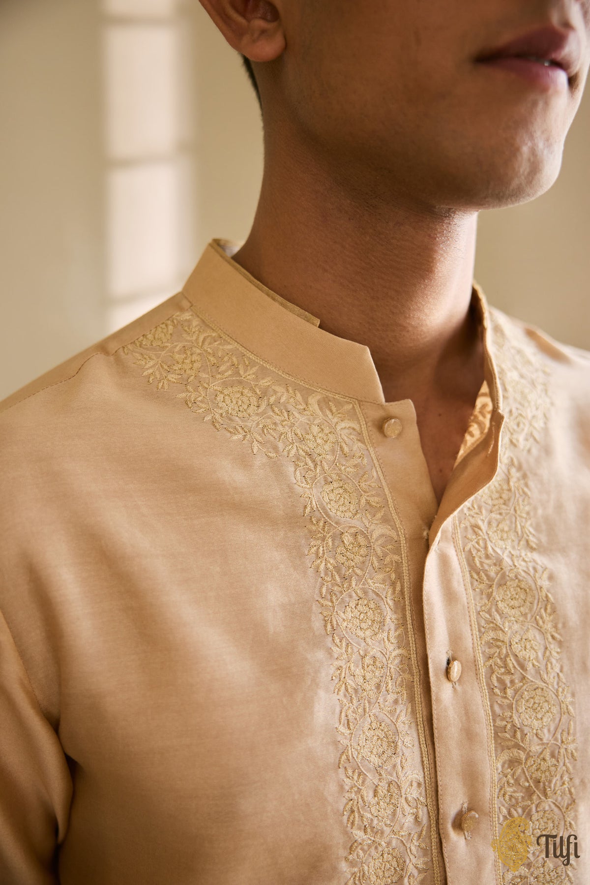 Beige Hand-embroidered Kurta Suit Set