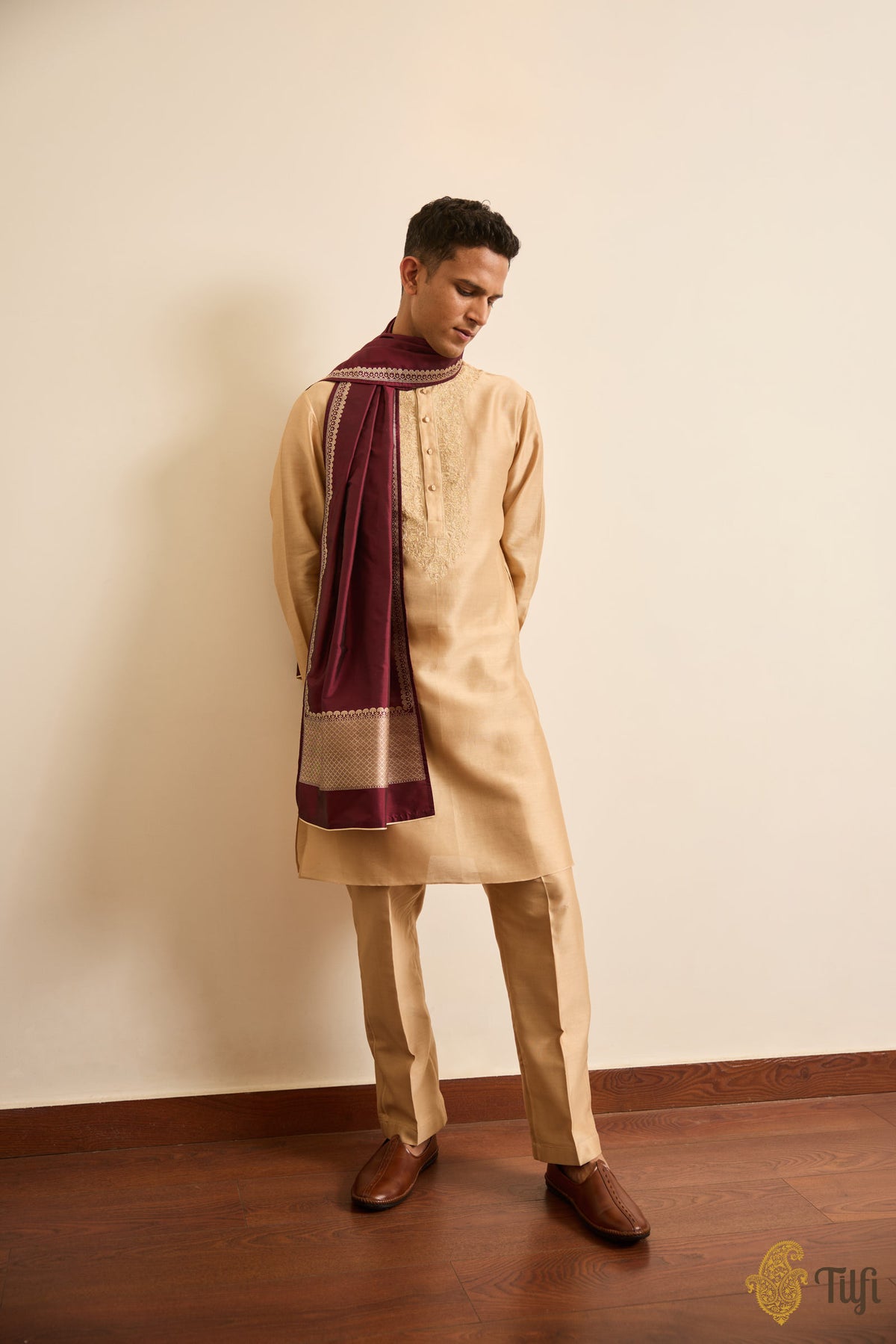 Beige Hand-embroidered Kurta Suit Set