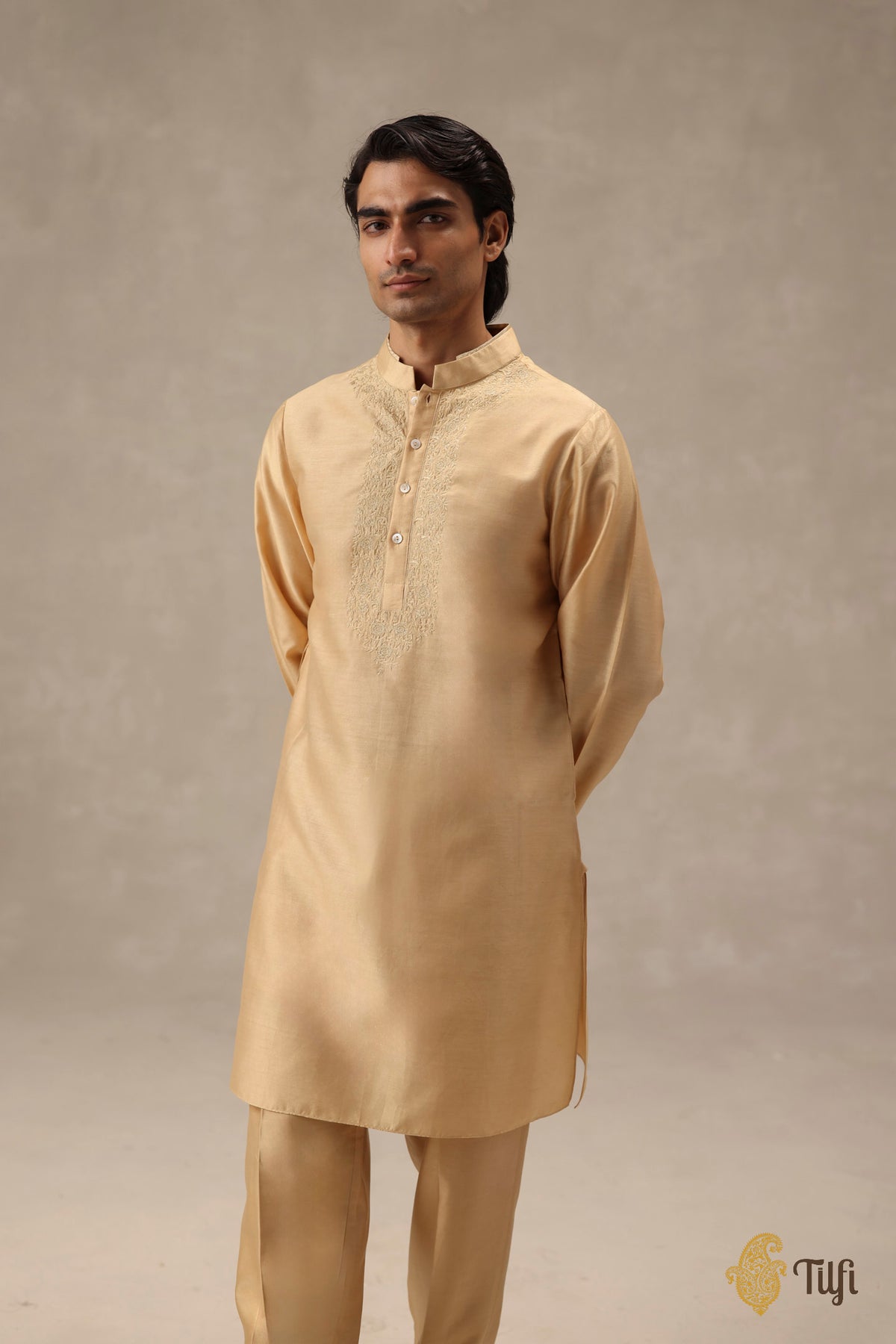 Beige Pure Chanderi Silk Hand-Embroidered Kurta Suit Set