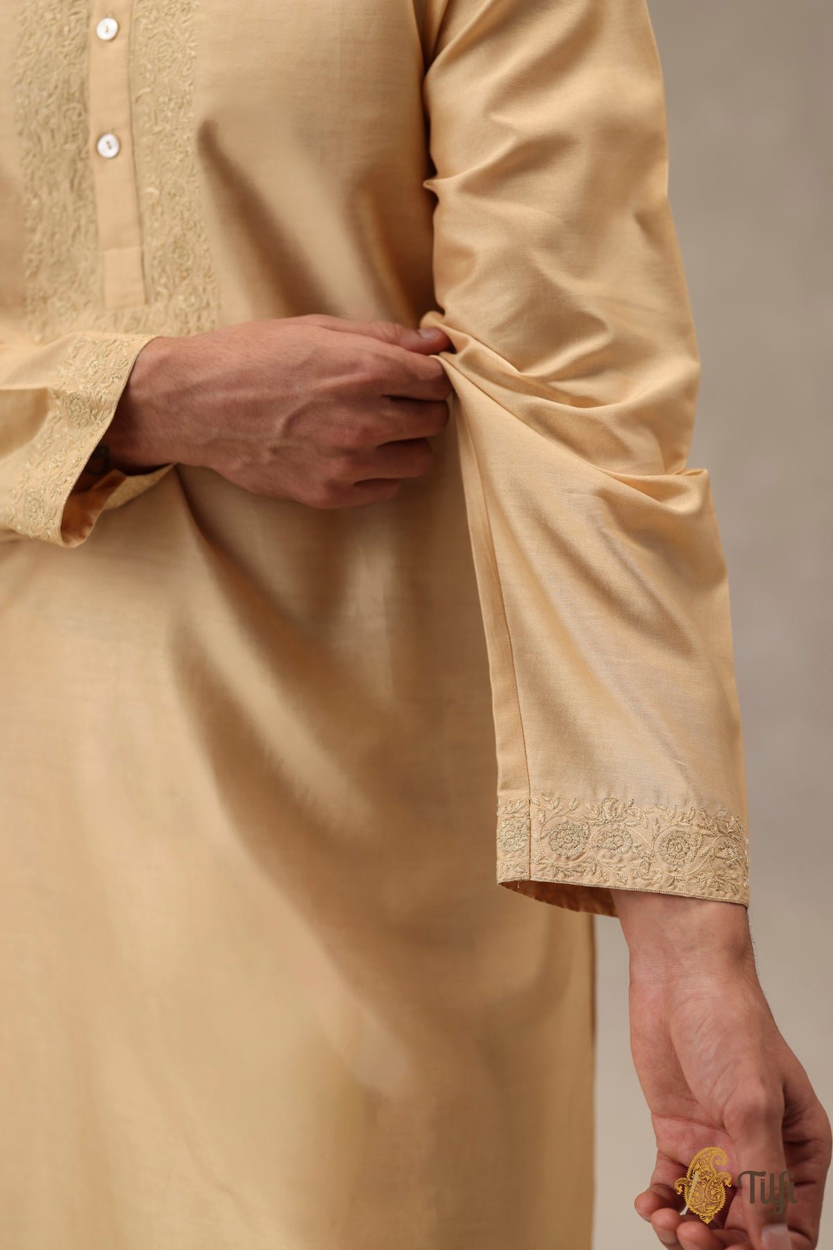Beige Pure Chanderi Silk Hand-Embroidered Kurta Suit Set