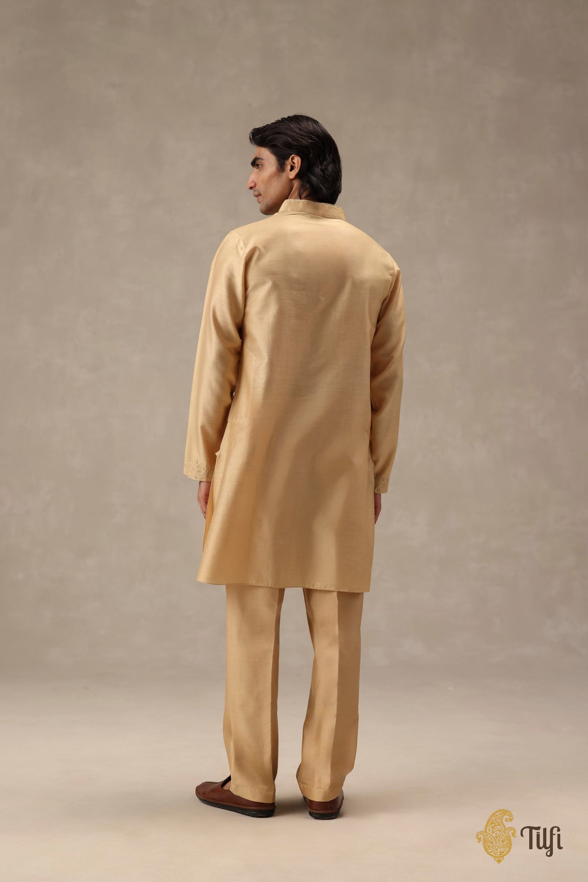 Beige Pure Chanderi Silk Hand-Embroidered Kurta Suit Set