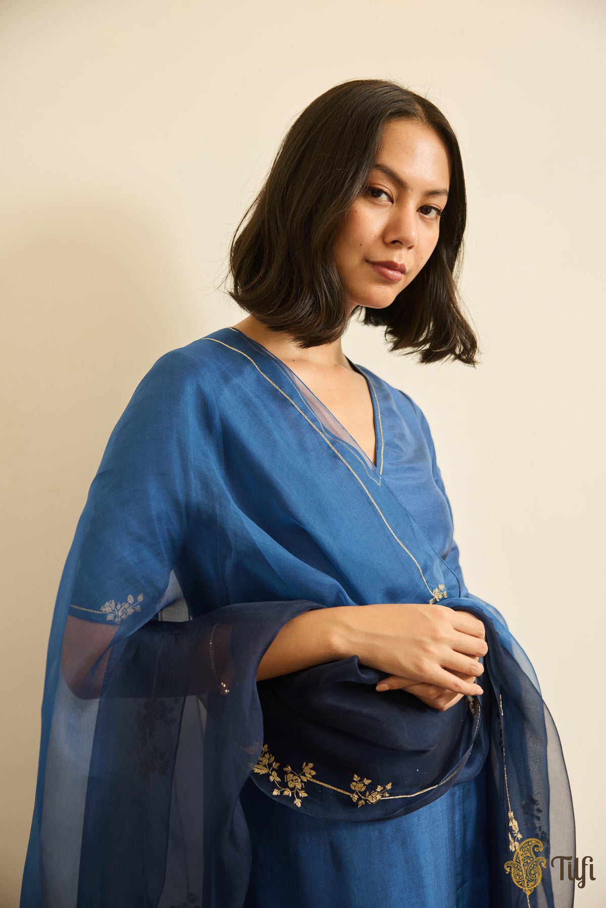 Blue Handwoven Pure Katan Silk Kurta and Chanderi Pant set with Hand-embroidered Dupatta