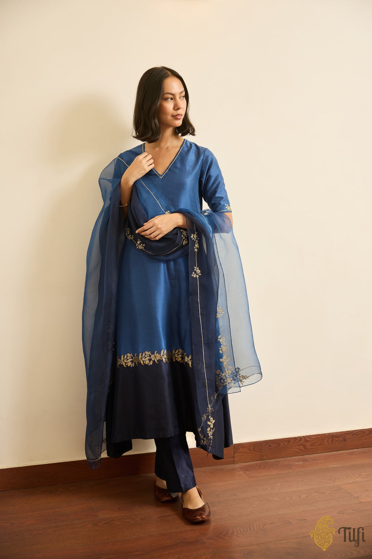 Blue Handwoven Pure Katan Silk Kurta and Chanderi Pant set with Hand-embroidered Dupatta