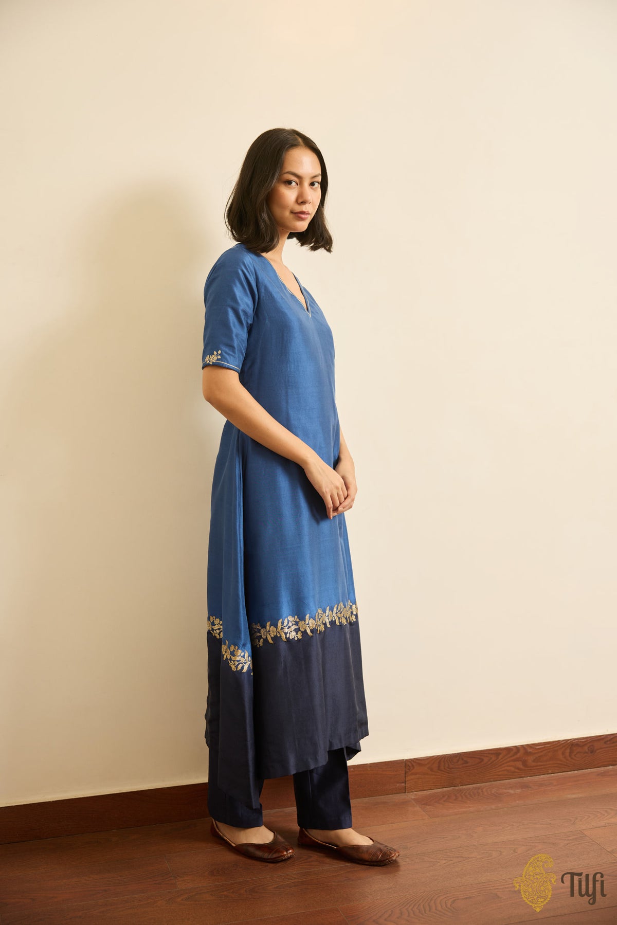 Blue Handwoven Pure Katan Silk Kurta and Chanderi Pant set with Hand-embroidered Dupatta