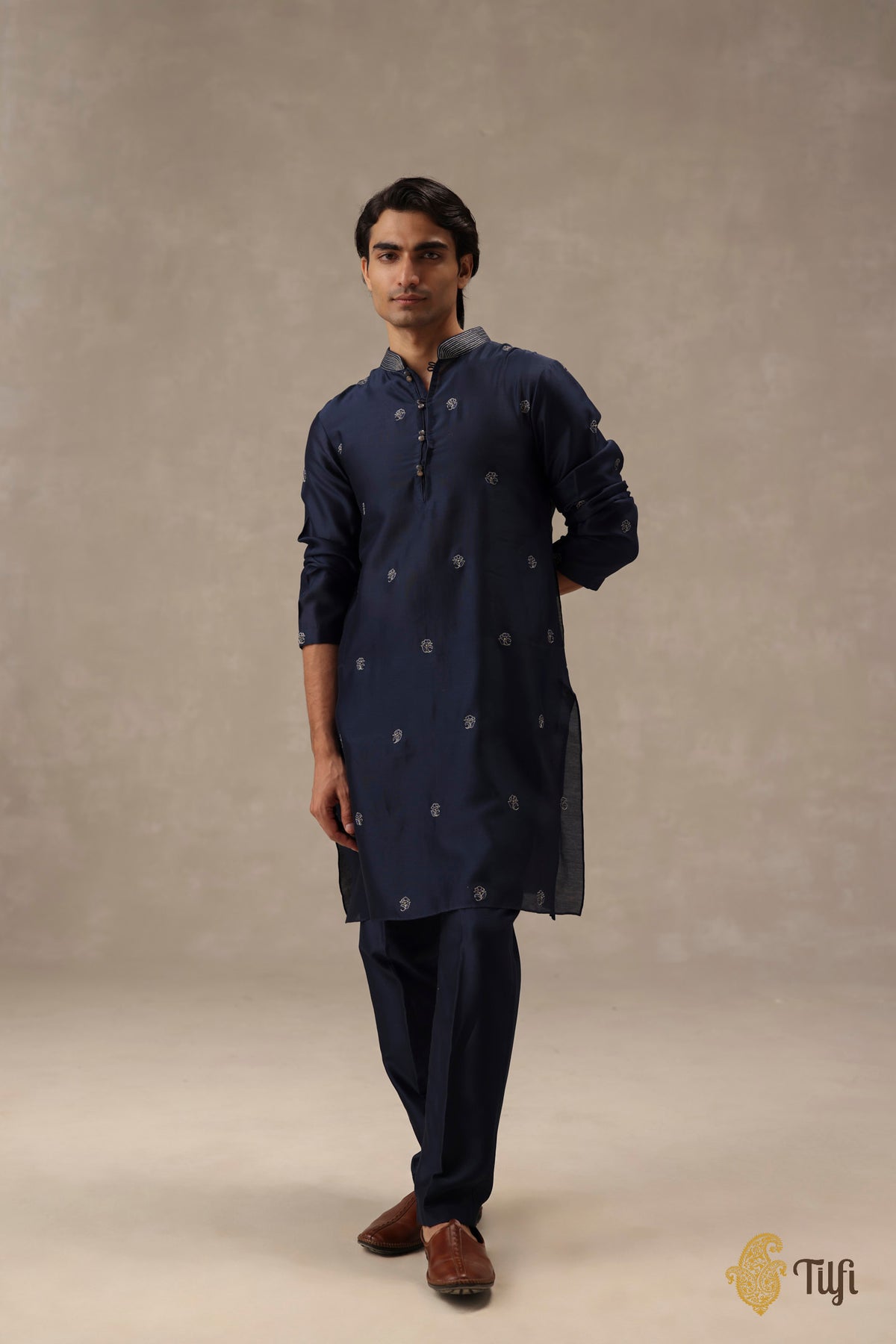 Navy Blue Pure Chanderi Silk Hand-Embroidered Kurta Suit Set