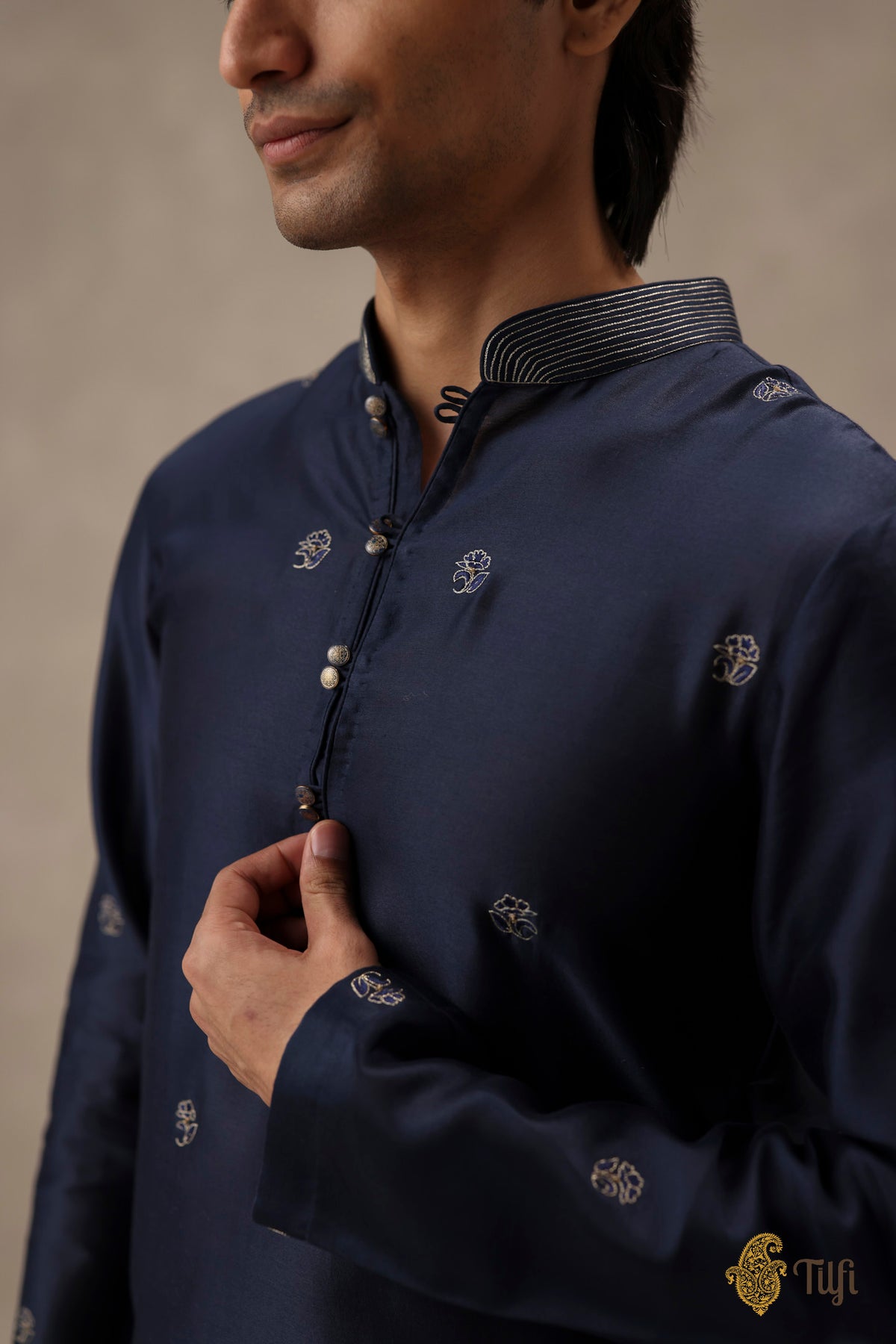 Navy Blue Pure Chanderi Silk Hand-Embroidered Kurta Suit Set