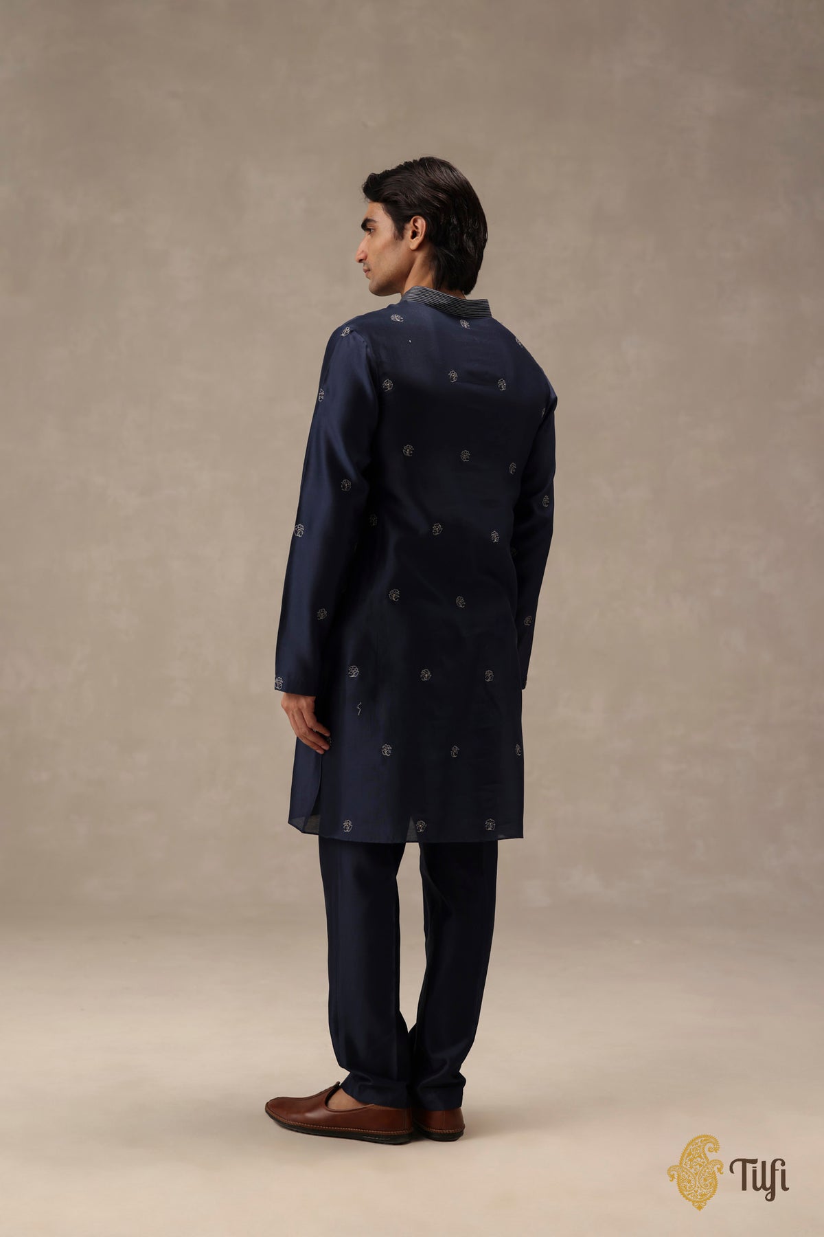 Navy Blue Pure Chanderi Silk Hand-Embroidered Kurta Suit Set