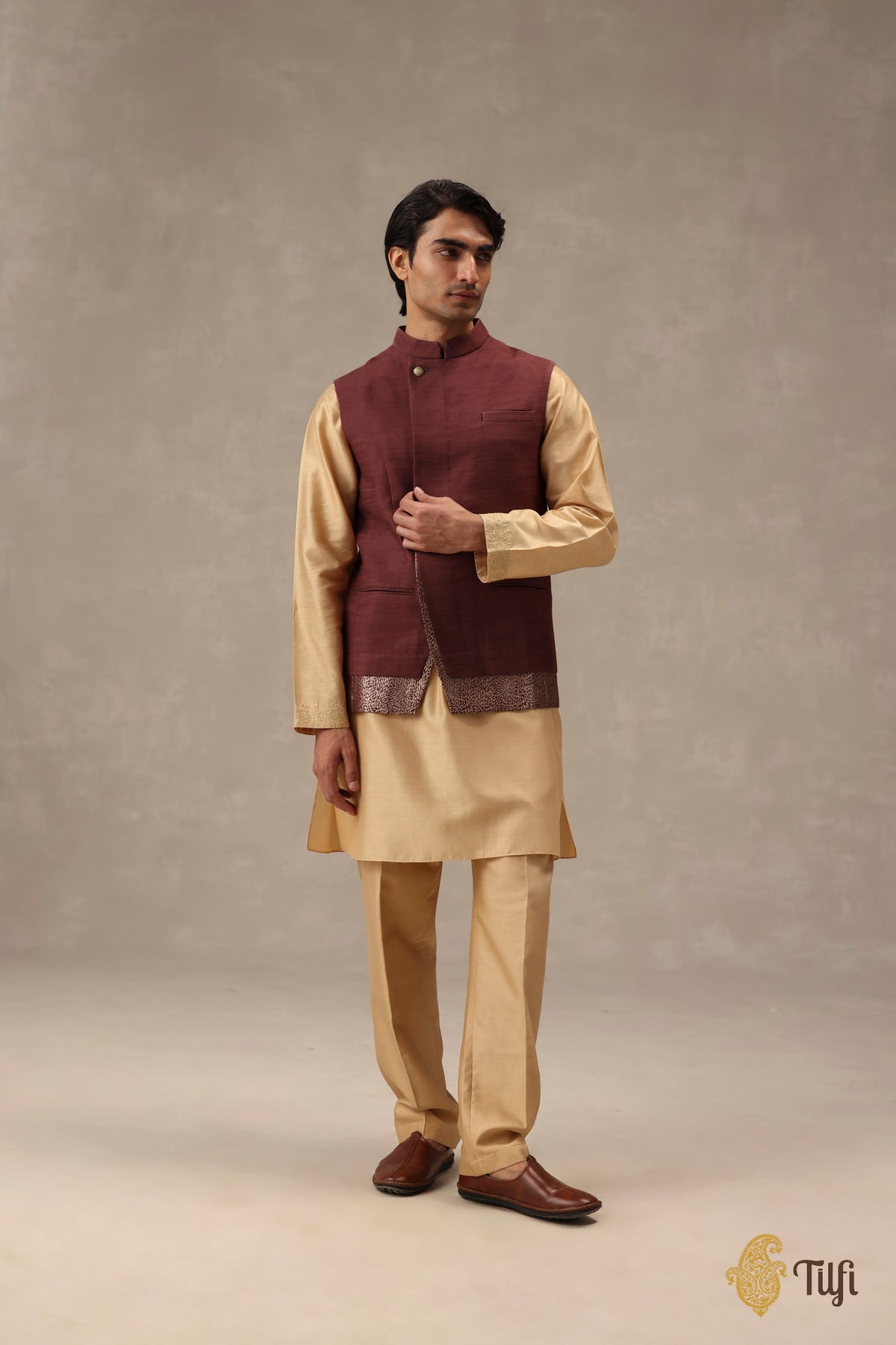 Brown Pure Raw Silk Handwoven Sadri