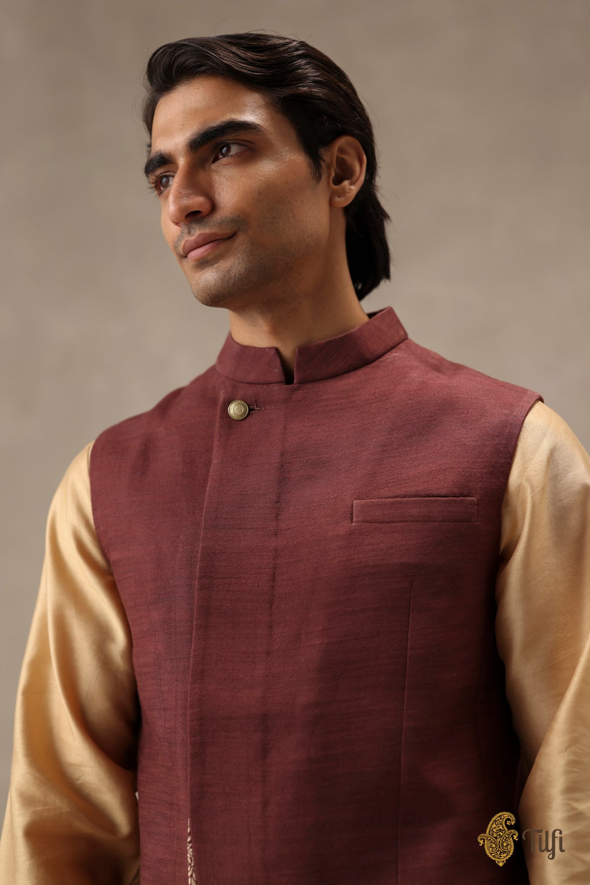 Brown Pure Raw Silk Handwoven Sadri