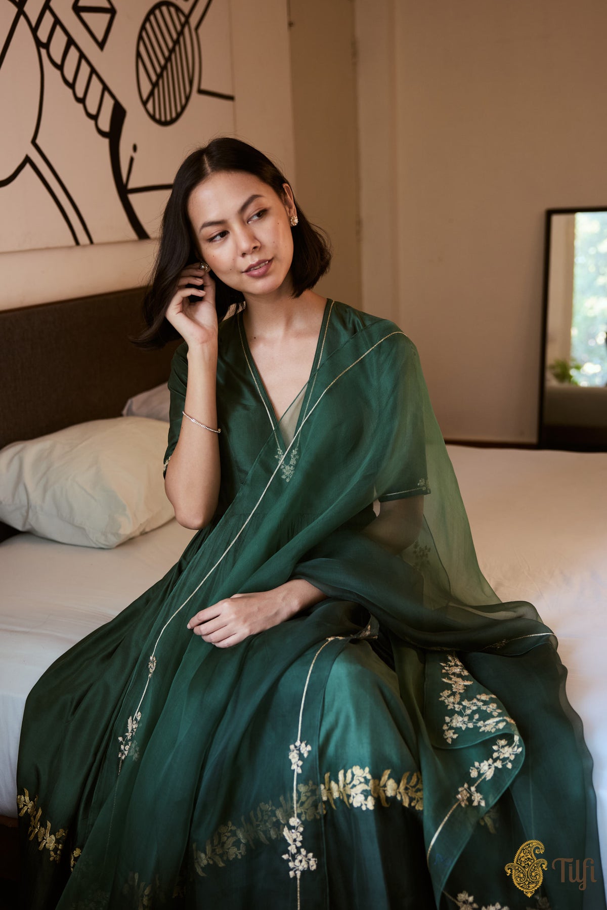 Dark Green Pure Katan Silk Handwoven Anarkali Kurta and Silk Churidaar Set with Hand-embroidered Dupatta