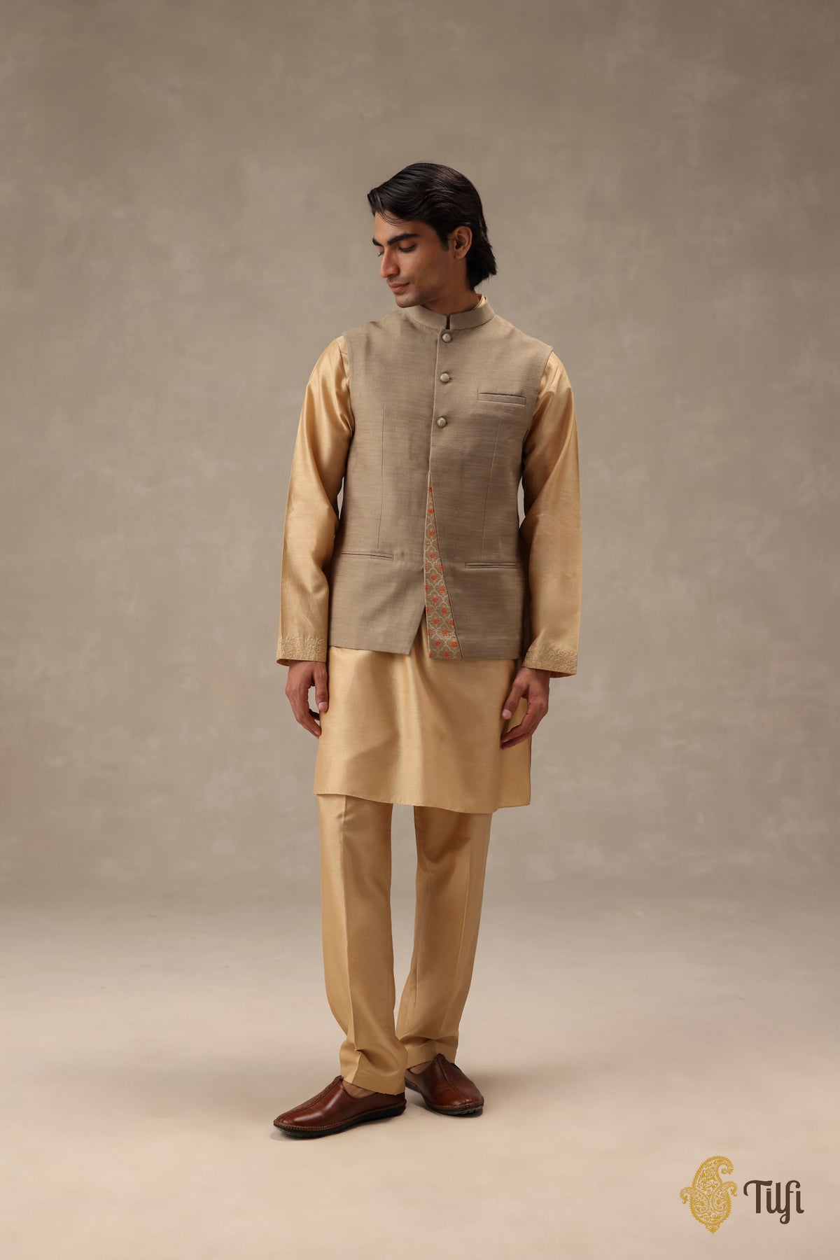 Beige-Grey Pure Raw Silk Handwoven Sadri