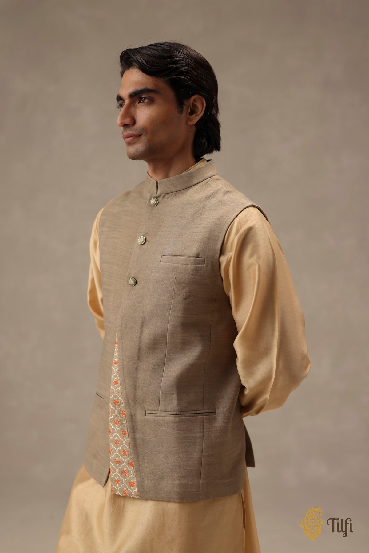 Beige-Grey Pure Raw Silk Handwoven Sadri